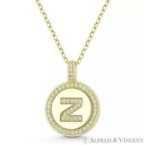 Initial Letter "Z" CZ Crystal Pave Pendant in .925 Sterling Silver w/ 14k YG